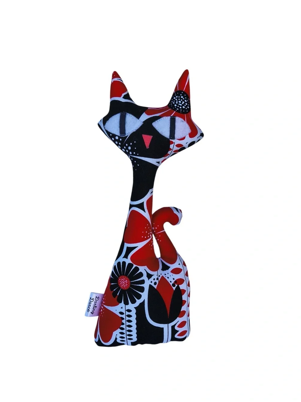 Handmade Red & Black Floral Atomic Cat Decorative Pillow Plush